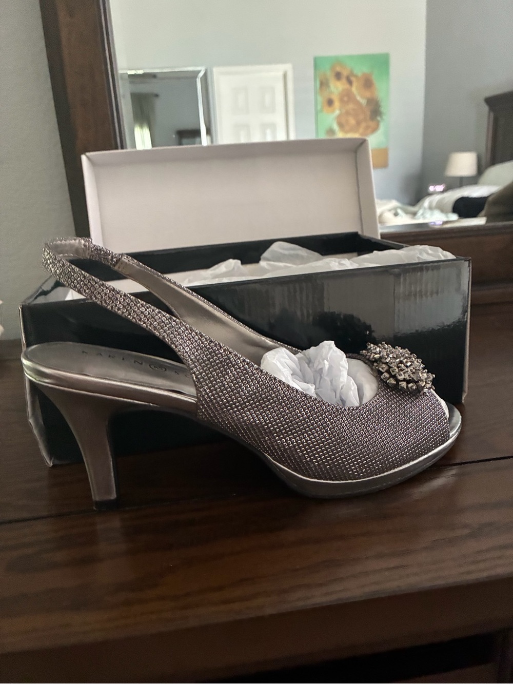 Karen Scott Silver Slingback Heels with Crystal Brooch
